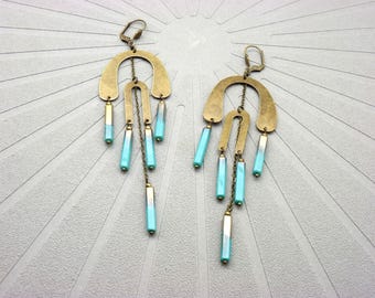 Art Deco Long Blue Glass Earrings | LEMPICKA | Clip-on Option and 2 Sizes - KUMKA