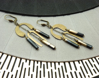 Art deco earrings in bronze metal and two-tone black and bronze glass stick MIMI LEMPICKA clip-on option