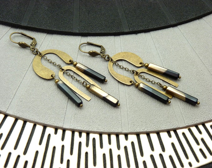 Art deco earrings in bronze metal and two-tone black and bronze glass stick MIMI LEMPICKA clip-on option