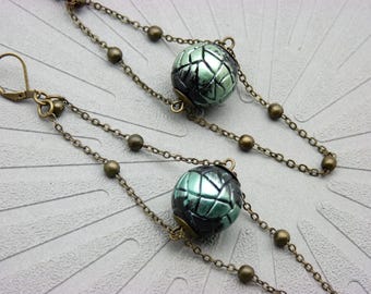 Metallic green and black ball earrings - cosmic jewelry - PLANETE VERTE - clip option