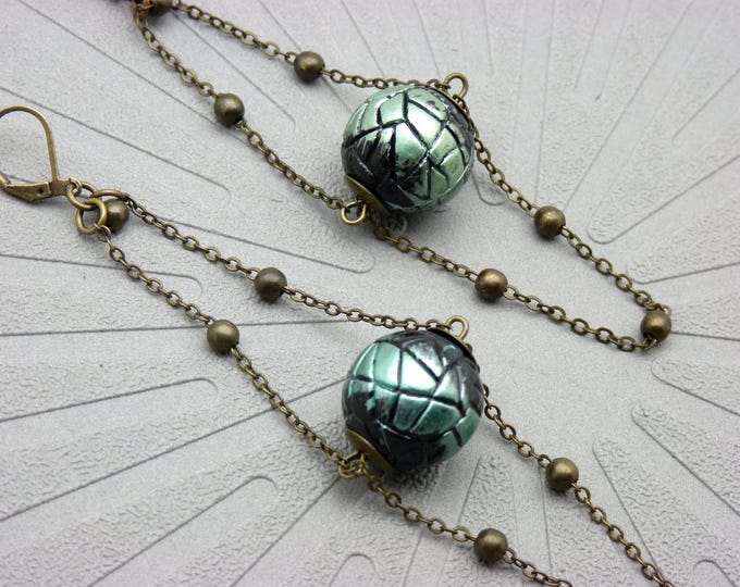 Metallic green and black ball earrings - cosmic jewelry - PLANETE VERTE - clip option