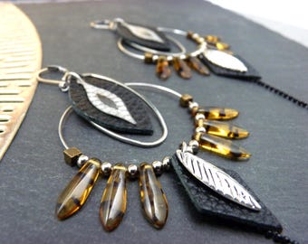 Yellow orange leopard hoop earrings glass metal silver black leather CREOLEO ethnic option clips