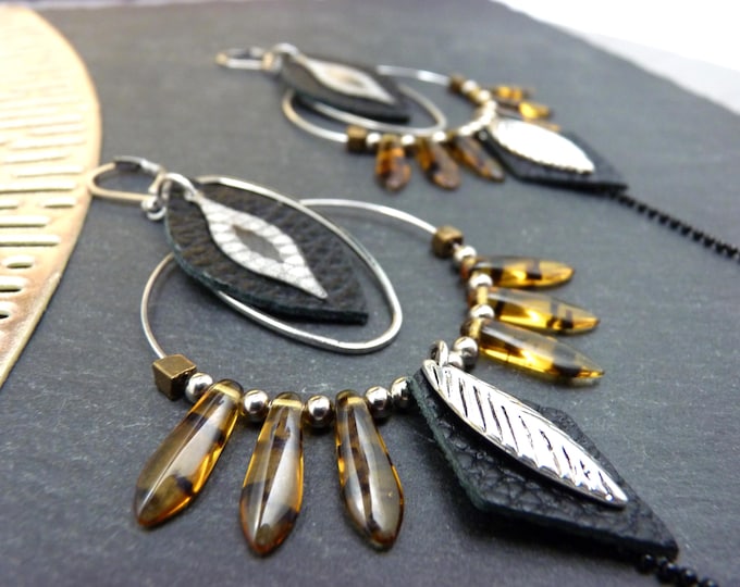 Featured listing image: Yellow orange leopard hoop earrings glass metal silver black leather CREOLEO ethnic option clips