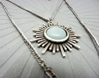 Aged silver necklace pendant sky blue Amazonite stone sun 2 rows, cosmic and boho FULLSUN