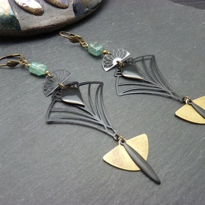 Blue green aquamarine stone earrings, bronze metal and black filigree Art Deco TAMARA 2 clip option / asymmetrical option