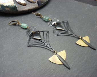 Blue green aquamarine stone earrings, bronze metal and black filigree Art Deco TAMARA 2 clip option / asymmetrical option