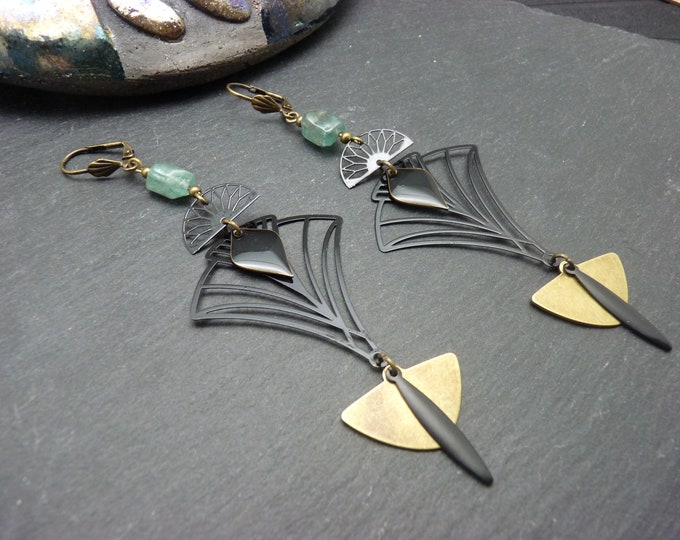 TAMARA Art Deco blue-green aquamarine stone, bronze metal and black filigree earrings, clip-on or asymmetrical option