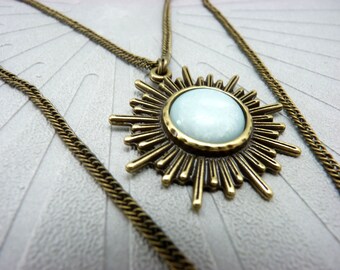 Bronze sun pendant necklace, light blue amazonite stone, 2 rows, cosmic and boho FULLSUN