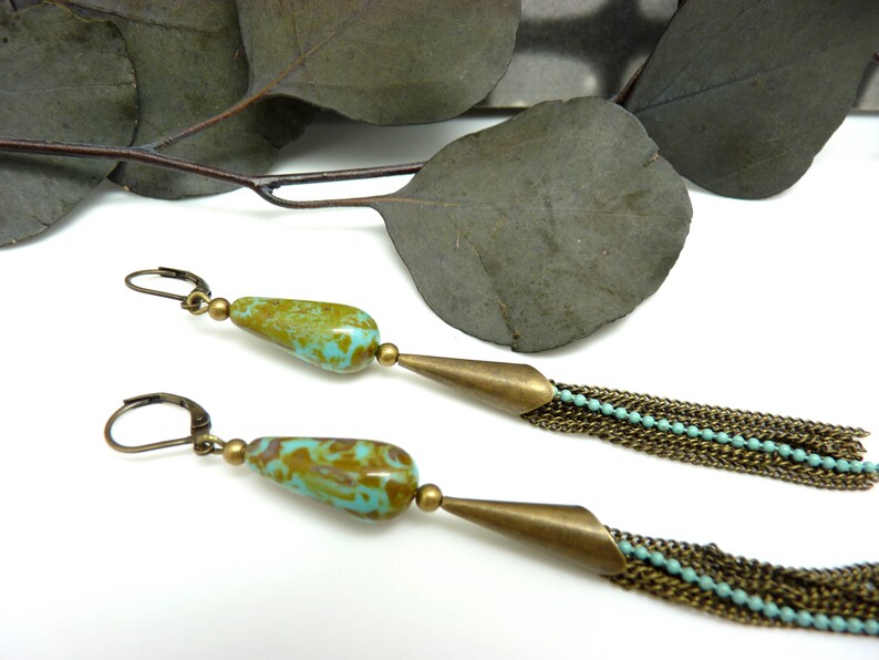 Boucles d/'oreilles longues multi-cha\u00eenes bronze verre turquoise LOUCIYA option Clips