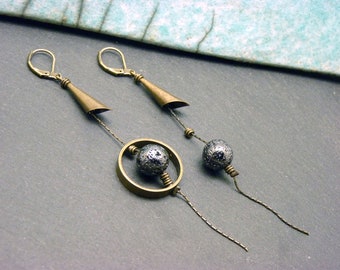 Asymmetrical earrings, bronze and metallic gray, metal and lava stone COSMOS clip option