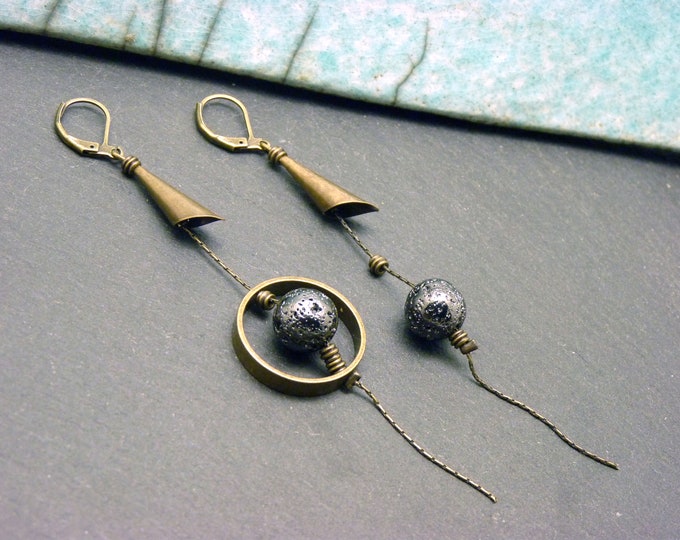 Asymmetrical bronze-grey lava stone earrings - cosmic - COSMOS - clip-on option