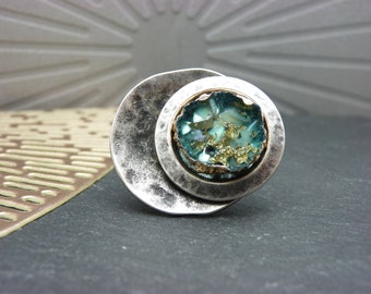 Soft blue ring, silver metal, mother-of-pearl shards resin and offset gold leaf BLUE PEPITE adjustable adjustable