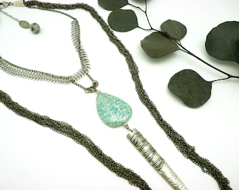 Long necklace long necklace pendant stone blue green metal silver and gunmetal AMAZONITE