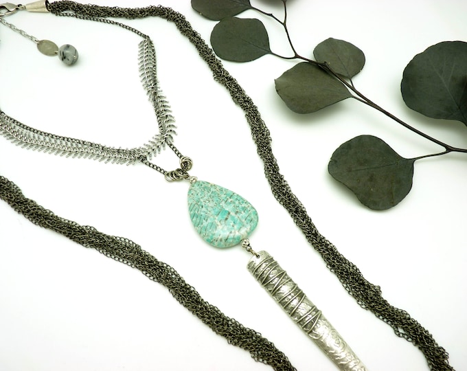 Long necklace sautoir necklace pendant blue green stone silver metal and gunmetal AMAZONITE
