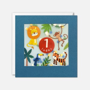 Carte d'anniversaire de la jungle bleue avec des confettis en papier pour les 1 an - Paper Shakies par James Ellis
