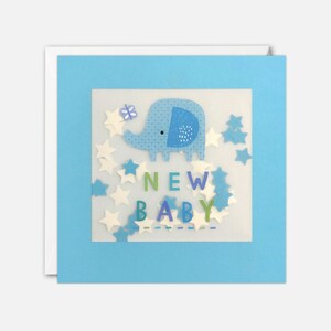 Baby Glückwunschkarte mit blauem Elefant und Papier Confetti - Paper Shakies von James Ellis