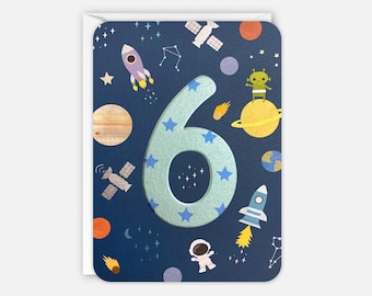 Tarjeta de cumpleaños para 6 años con tema espacial de James Ellis