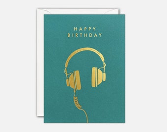 Gold Headphones Mini Birthday Card by James Ellis