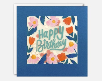 Blue and Orange Flowers Birthday Card with Paper Confetti - Paper Shakies by James Ellis