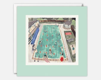 May include: A watercolour illustration of a swimming pool with people swimming and relaxing. The pool is surrounded by trees and a small building with a white roof. The illustration is done in a whimsical style with bright colours.