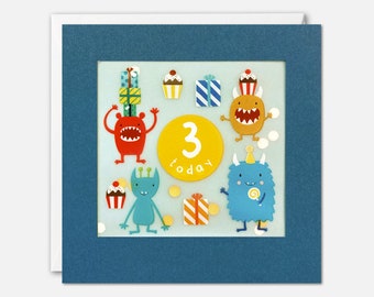 Carte d'anniversaire Monstres pour l'âge de 3 ans avec des confettis en papier - Paper Shakies par James Ellis
