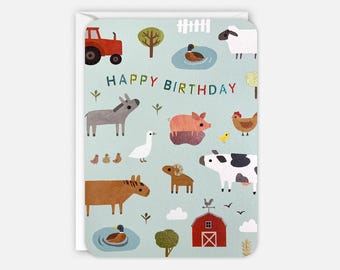 May include: A colorful birthday card with a farm theme. The card features a red tractor, a pig, a cow, a donkey, a goose, a sheep, a barn, and the words "Happy Birthday".
