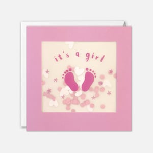 Tarjeta para niña con pies rosados y confeti de papel, Paper Shakies de James Ellis