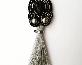 Black crystal elegant soutache necklace long