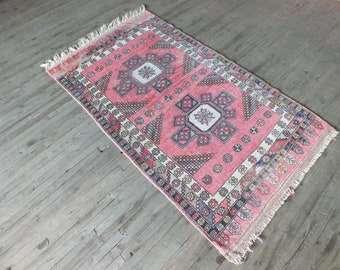 Fantastic Pink Oushak Rug 4x7 approximately, Shaved Turkish Vintage Rug, Antique Bohemian Turkey Area Rug Carpet