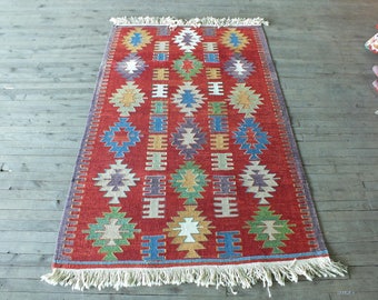 Kilim Rug, Tribal Kilim, Turkish Kilim Rug, Red Kilim Rug, Handmade Kilim Rug, Decorative Home Office Rug, Small Vegetable Dye Kilim Rug