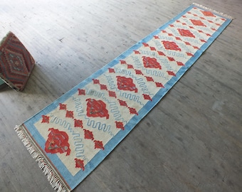 Kilim Rug,Kilim Runner,Rug 3x12 approx.,Turkish Rug,Vintage Rug,Kilim Rug Runner,Antique Rug,Flatweave Rug,Aqua Blue Red Rug,Hallway Runner