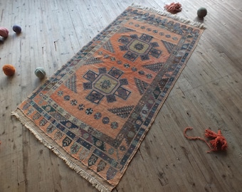 Fantastische Orange antike Teppich 4 x 7 ungefähr, rasierte türkische Vintage Teppich, Oushak Boho Küche Bereich Teppich Teppich