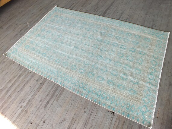 Turkish Rug,Large Area Rug,Vintage Rug,Oushak Rug,Distressed Rug,Green Rug,Faded Colors Rug,Muted Green Rug,about 6x9 ft rug,Living Room Rug