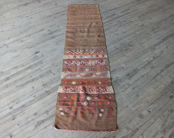 Brown Oriental Vintage Turkish Kilim Runner Rug 2x8 approximately, Old Antique Kitchen Kilim Runner Rug, Wool Flatweave Carpet Rug