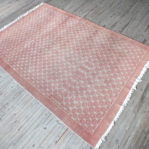 Large Area Pink Reddish Turkish Rug 7x10 approx., Antique Low Pile Soft Living Room Rug