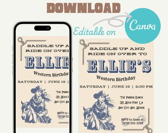 Blue Cowgirl Birthday Invitation, Western Party Evite (Digital Download)