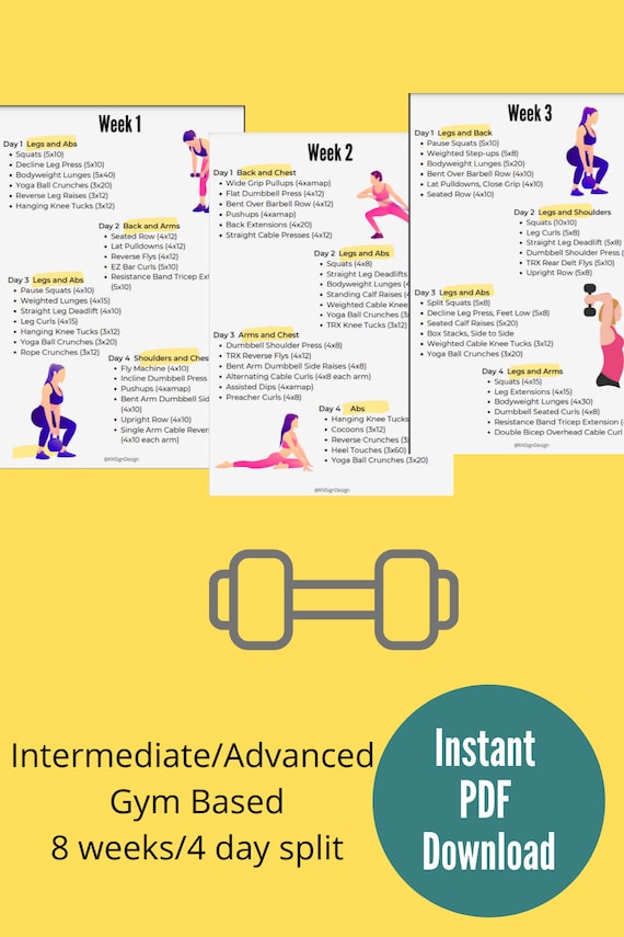 8 week exercise program printable gym guide weekly gym plan etsy