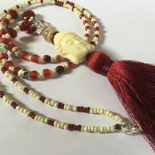 Burgundy pompom long necklace, white ivory Buddha head, off-white and burgundy pearls, boho chic long necklace, Zen necklace