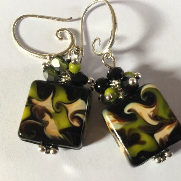 Murano pearl earrings lampwork green, beige, black, handcrafted pearls, stylized silver metal hooks, possible clips