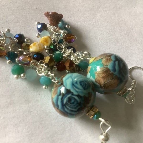 Boucles d’oreille nouvelle perle  japon tensha bleu turquoise, marron, bouton de rose chic, fantaisie métal argent, artisanat unique, cadeau