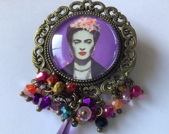 Cabochon brooch Frida khalo purple purple, black, orange, retro vintage, bronze metal, pink pearl, purple, orange Czech boho, unique