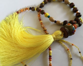 Lemon yellow pompom long necklace necklace, beige, brown, orange and yellow wooden beads, large Turkish pompom, brown Indonesian bead