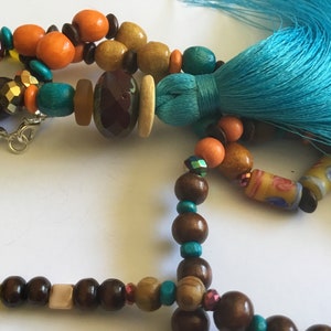 Turquoise blue pompom long necklace, brown Czech bead, wood, beige, brown, yellow, turquoise orange, boho chic long necklace, unique image 9