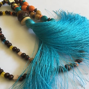 Turquoise blue pompom long necklace, brown Czech bead, wood, beige, brown, yellow, turquoise orange, boho chic long necklace, unique image 10