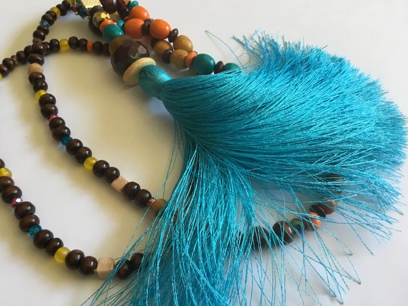 Turquoise blue pompom long necklace, brown Czech bead, wood, beige, brown, yellow, turquoise orange, boho chic long necklace, unique image 10