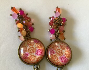 Boucles d oreilles rose orangé superbe cabochon rétro fleur, bohème chic, bronze, modèle unique artisanat, boucles cadeau fêtes des mères