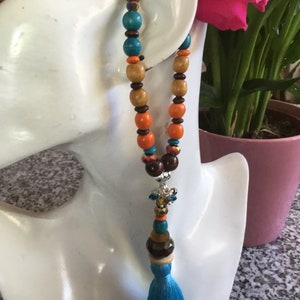 Turquoise blue pompom long necklace, brown Czech bead, wood, beige, brown, yellow, turquoise orange, boho chic long necklace, unique image 4