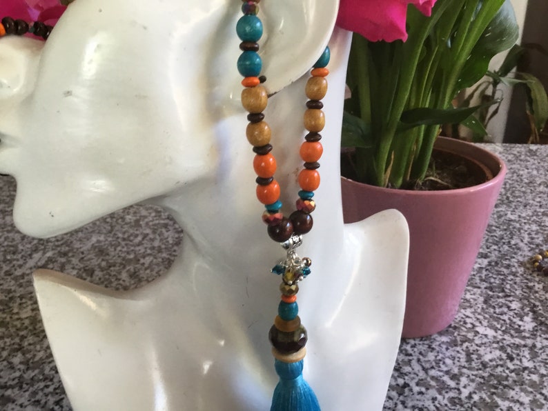 Turquoise blue pompom long necklace, brown Czech bead, wood, beige, brown, yellow, turquoise orange, boho chic long necklace, unique image 4