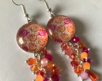 Boucles d oreilles rose orangé superbe cabochon rétro fleur, bohème chic, argenté, modèle unique artisanat, boucles cadeau fêtes des mères