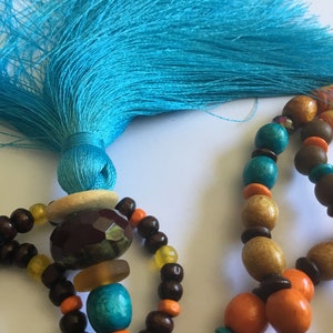 Turquoise blue pompom long necklace, brown Czech bead, wood, beige, brown, yellow, turquoise orange, boho chic long necklace, unique image 8